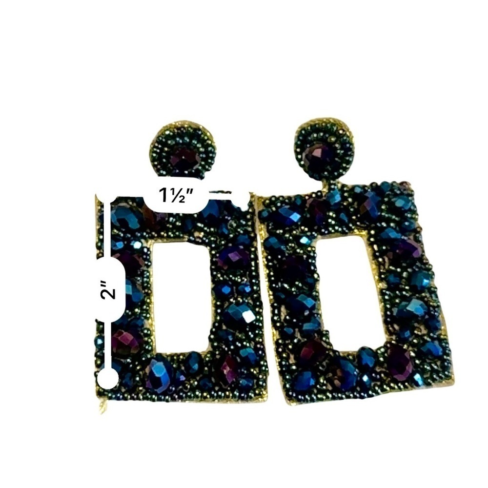 Iridescent Blue Rhinestone Dangle Earrings Large Rectangular Blue Drop Statement - Picture 4 of 4